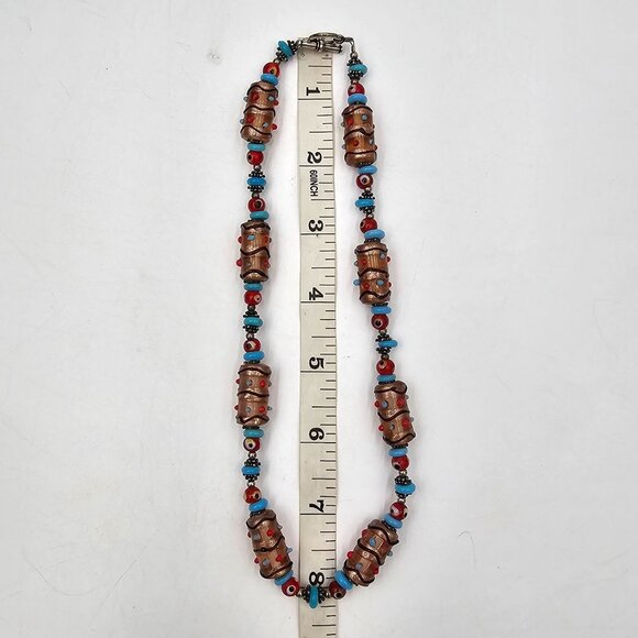 Vintage Boho Foil Glass Beaded 16" Necklace Blue & Red Accents - Picture 9 of 9